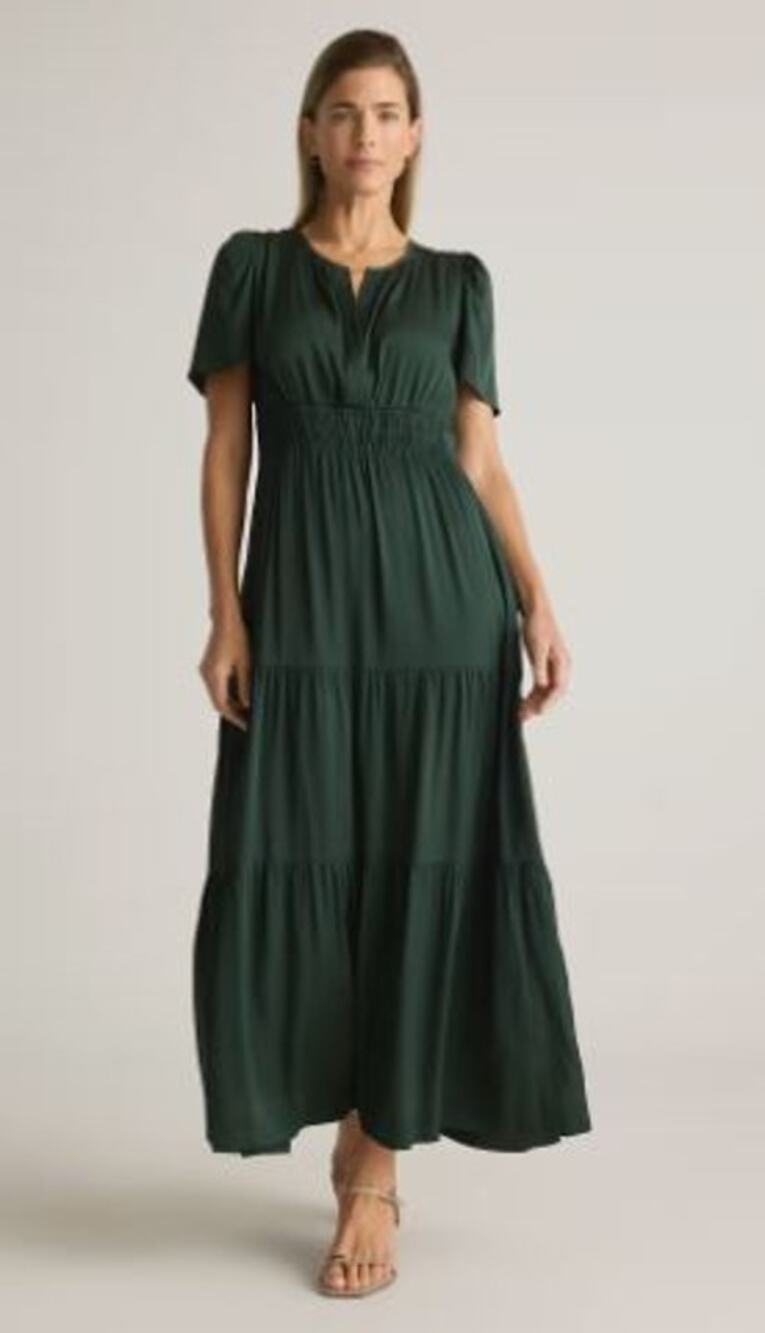 Quince XL Washable Silk Stretch Maxi Dress Pockets Forest Green Romantic $180